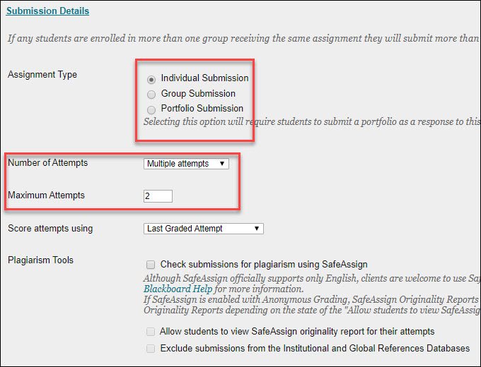 blackboard assignment window with submission type and number of attempts highlighted