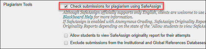 blackboard assignment window with "SafeAssign" highlighted