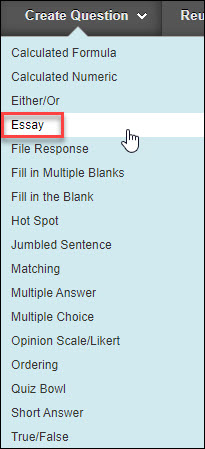 blackboard test essay selection in dropdown menu