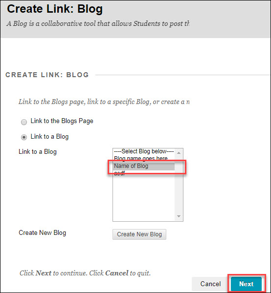 blog window with blog titled selected
