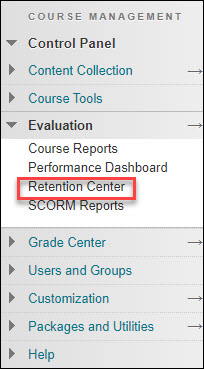 blackboard course navigation window with retention center highlighted