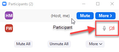 Zoom participant list with mic and video toggle icons