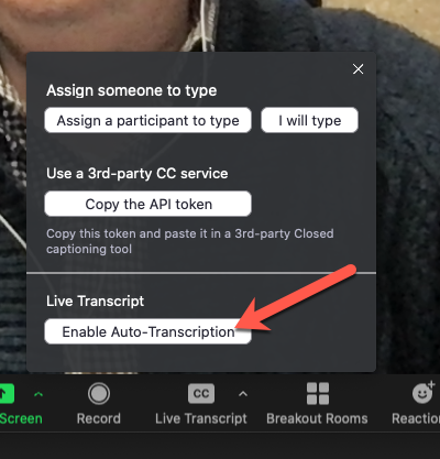 Screen shot showing selecting the option to enable auto transcription