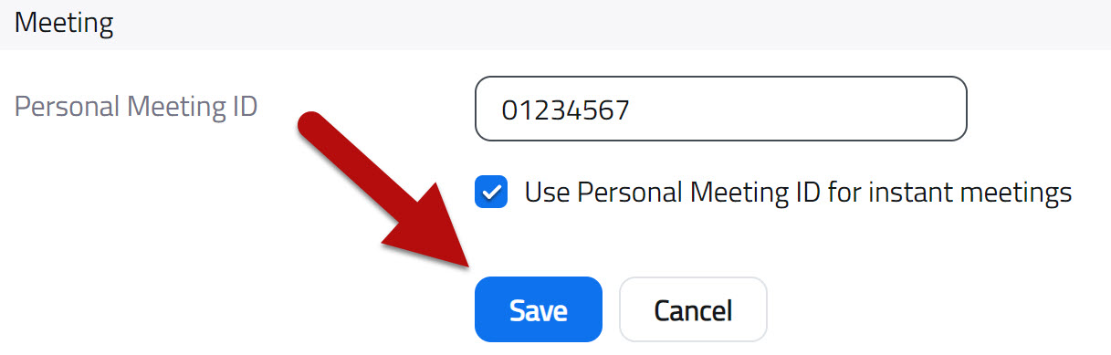 Red arrow points to the save option under the Personal Meeting ID textbox