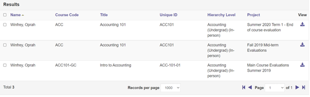 Screenshot of the Results page, with multiple courses shown