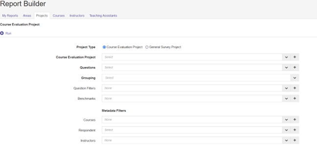 Screenshot of the Report Builder page with the "Projects" tab selected