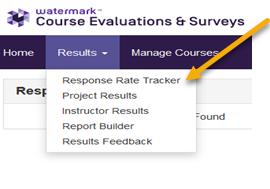 Screenshot: Results tab expanded with arrow pointing to "Response Rate Tracker."