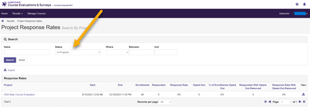 Screenshot: Project Response Rates page with links to project and arrow pointing to "in-progress."