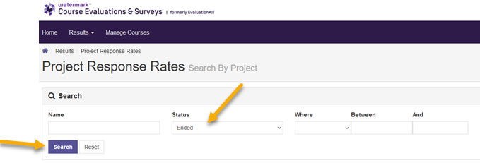 Screenshot: Project response rates page with arrows pointing to "Ended," and "Search."