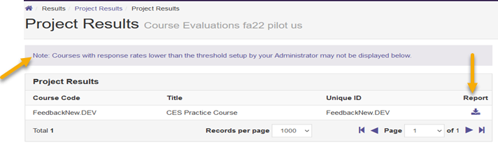 Screenshot showing Project Results page, with link to download report.  Note reads: "Courses with response rates lower than the threshold set up by your administrator may not be displayed below. 