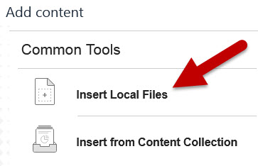 Red arrow points at the Insert Local Files option in Bb