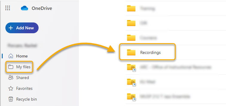 screenshot of OneDrive recordings folder