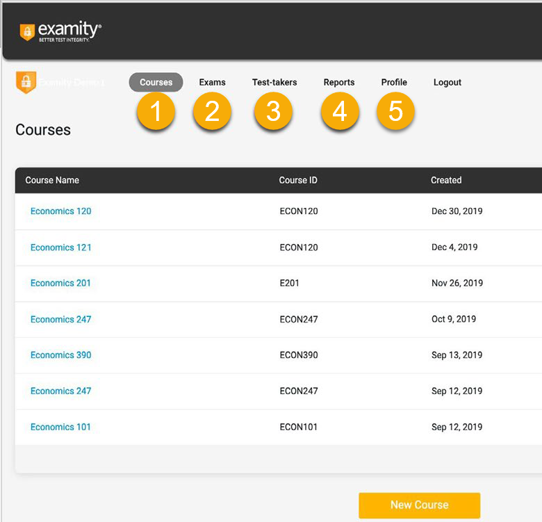 screenshot of Examity dashboard courses