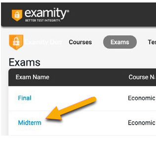 Screenshot of Examity exams with an arrow pointing to "Midterm"