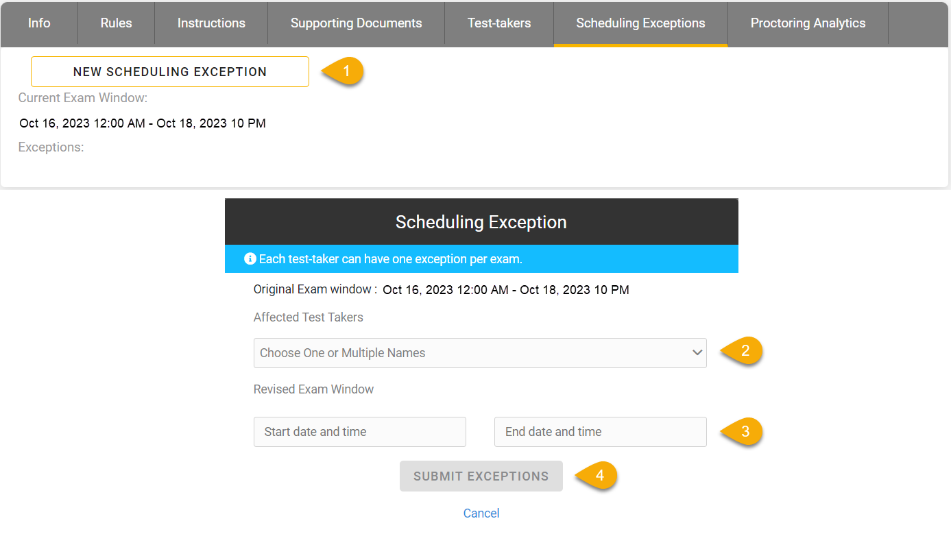 Screenshot of steps for adding scheduling exceptions in an Examity test