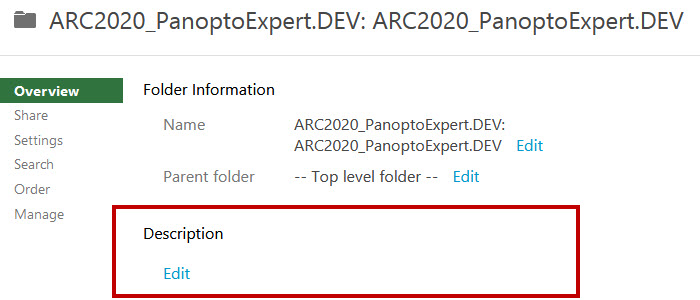Description option in Panopto folder settings