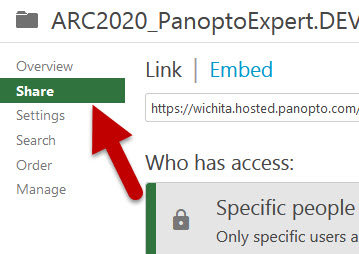 Red arrow points to the Share tab for a Panopto folder