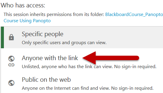 Arrow points at the Anyone with the link option in the Panopto video share dropdown