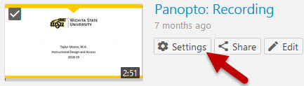 Red arrow points at the settings button used to open the Panopto video's setting window