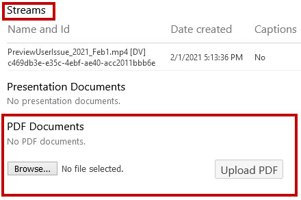Panopto video settings' "Stream" tab highlighting the PDF upload feature