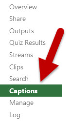 Red arrow points at the highlighted Captions tab in Panopto's video settings window