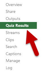 Red arrow points at the highlighted Quiz Results tab in Panopto's video settings window