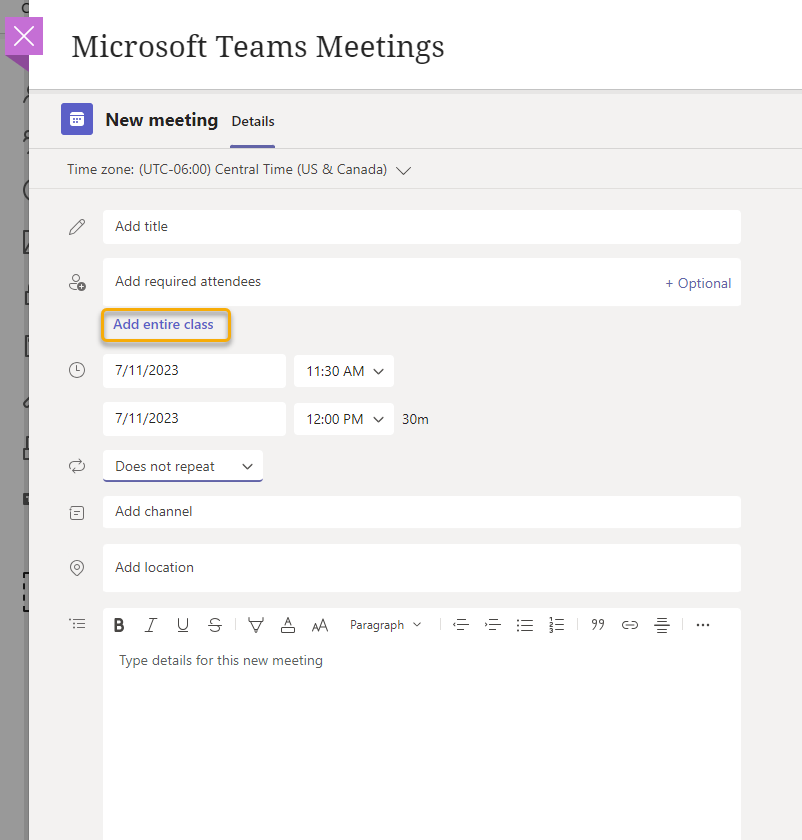 Screenshot of Teams Meeting setup