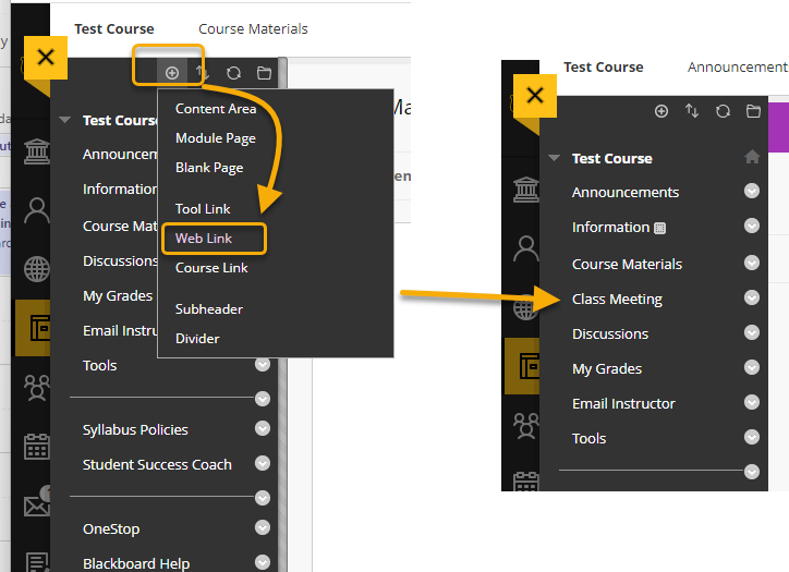 Screenshot: Steps to add a meetings course link in Blackboard original. 1. Select "Add Menu Options". 2. Select Web link. 3. 