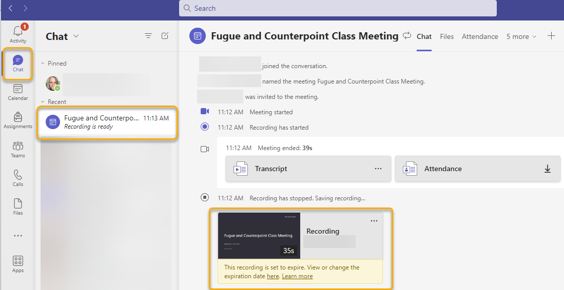 Screenshot: find meeting recording in Teams chat