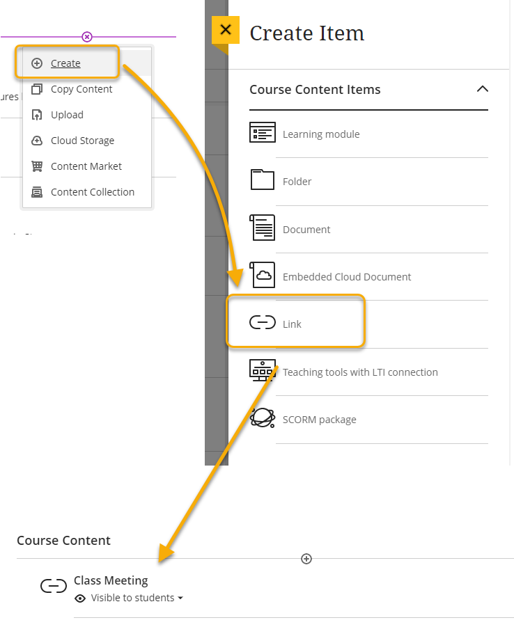 Screenshot: add link to course content in Blackboard ultra. In Course Content, select "Create" and then "Link." 