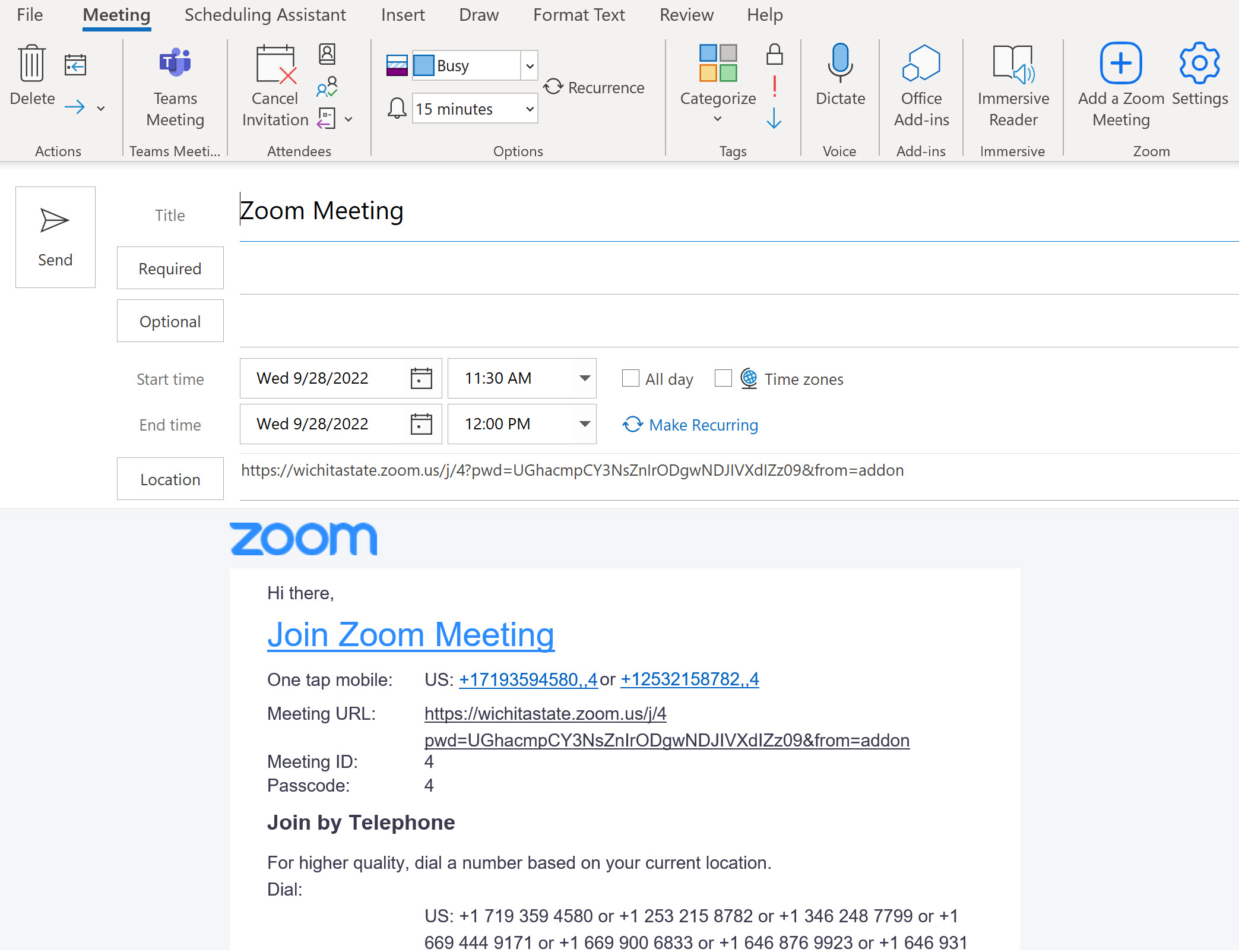 Zoom meeting information is located in the body of the Outlook meeting invite