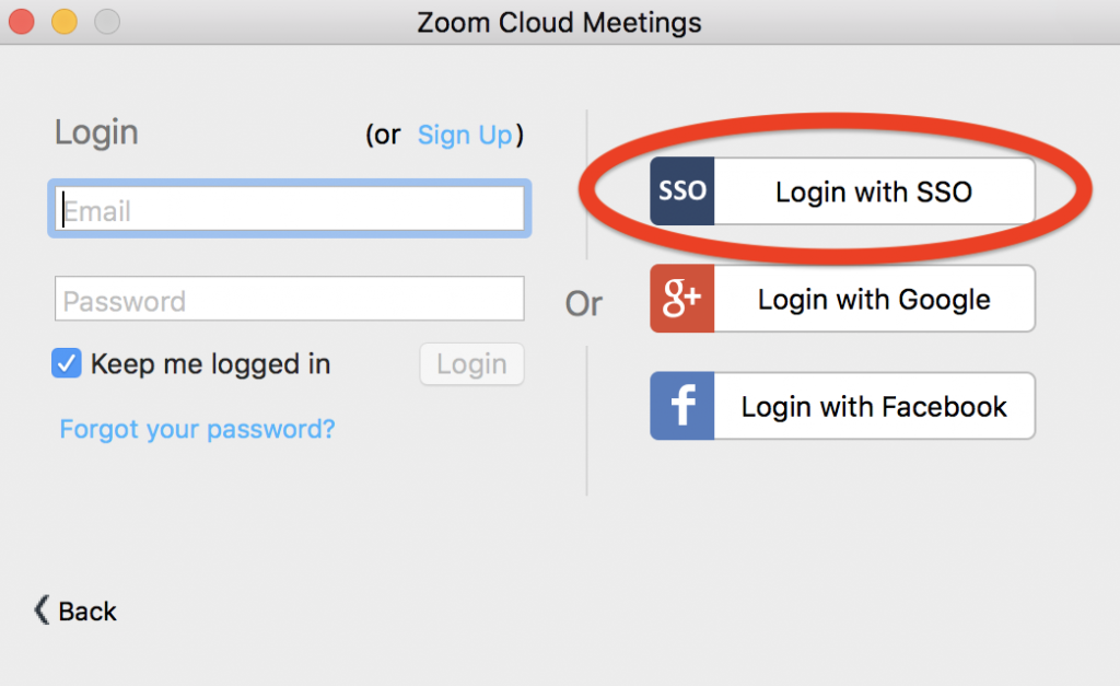 Zoom login with SSO option circled
