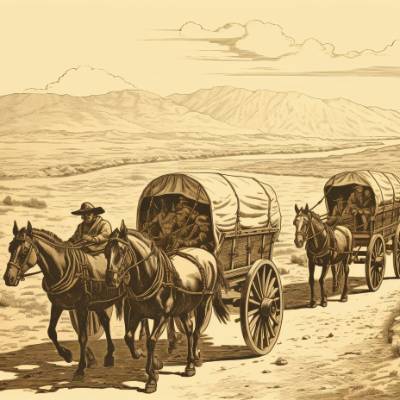 A sepia toned illustrations of wagons on a trail, let by horses. In the background, there is a barren landscape with mountains in the distance