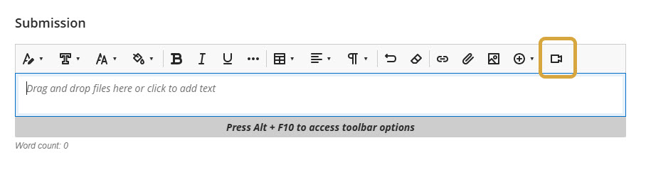 Image of the content editor in Blackboard with a yellow square around the Video Studio icon