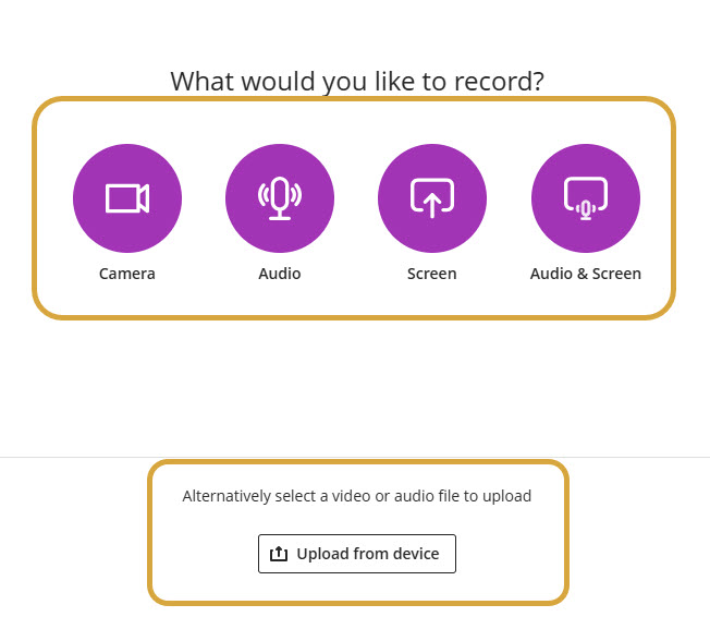 screenshot of the video studio tool with recording and upload options emphasized