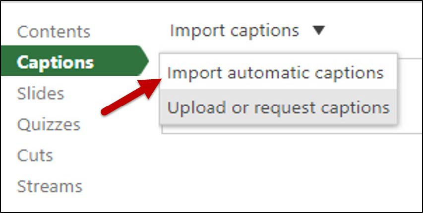 On the left-side menu, Captions is selected. The "Import Captions" dropdown has been selected and "Import automatic captions" followed by "Upload or request captions" are visible. An arrow is pointing to Import automatic captions.