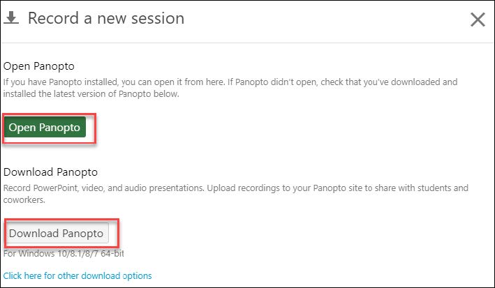 Record a new session window with "Open Panopto" and "Download Panopto" buttons highlighted