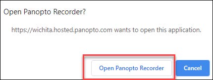 Pop-up window asking to "Open Panopto Recorder" or "Cancel"
