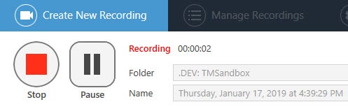 Screenshot of recorder buttons while recording is in progress. Create New Recording tab at top. Below is the stop and pause buttons, followed by the recording timer at 00:00:02.