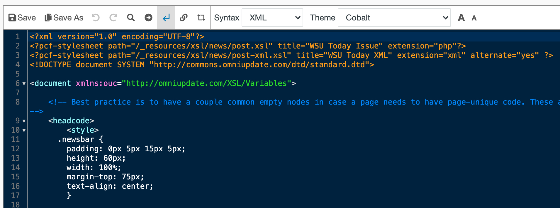 Screenshot of source code edit view. When in this view we can modify a page's source code. 
