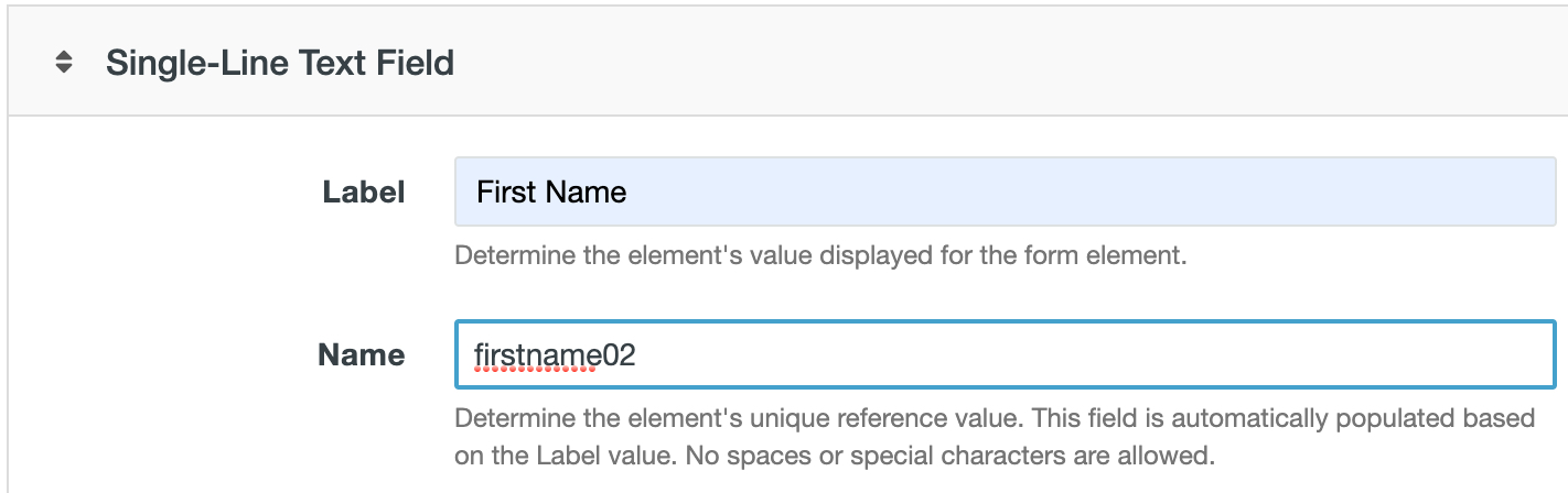 Screenshot of recreated form element. The Name field is now set to "firstname02" instead of "firstname" as before. 