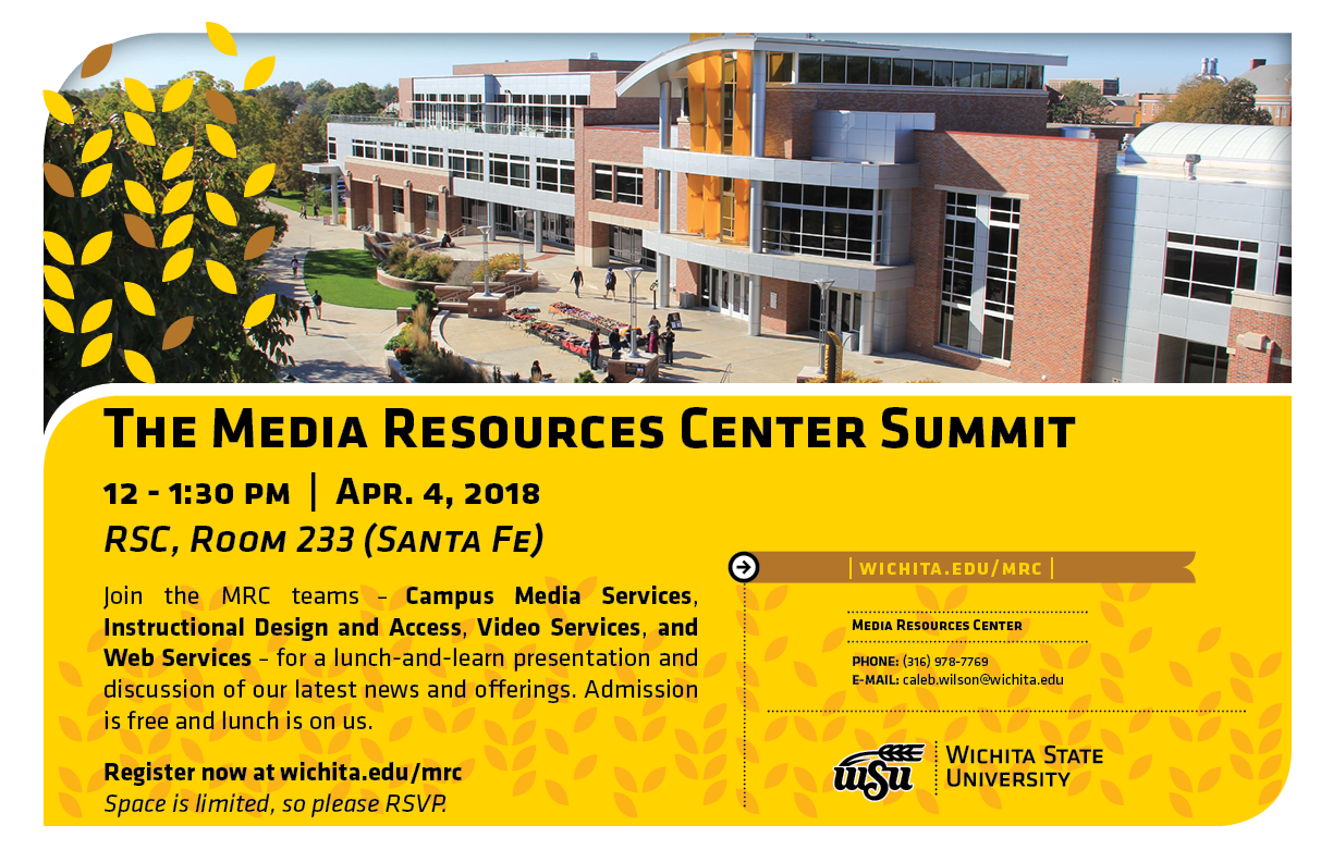 Media Resources Center Summit event promotional image, featuring event information along with a photo of the Rhatigan Student Center.