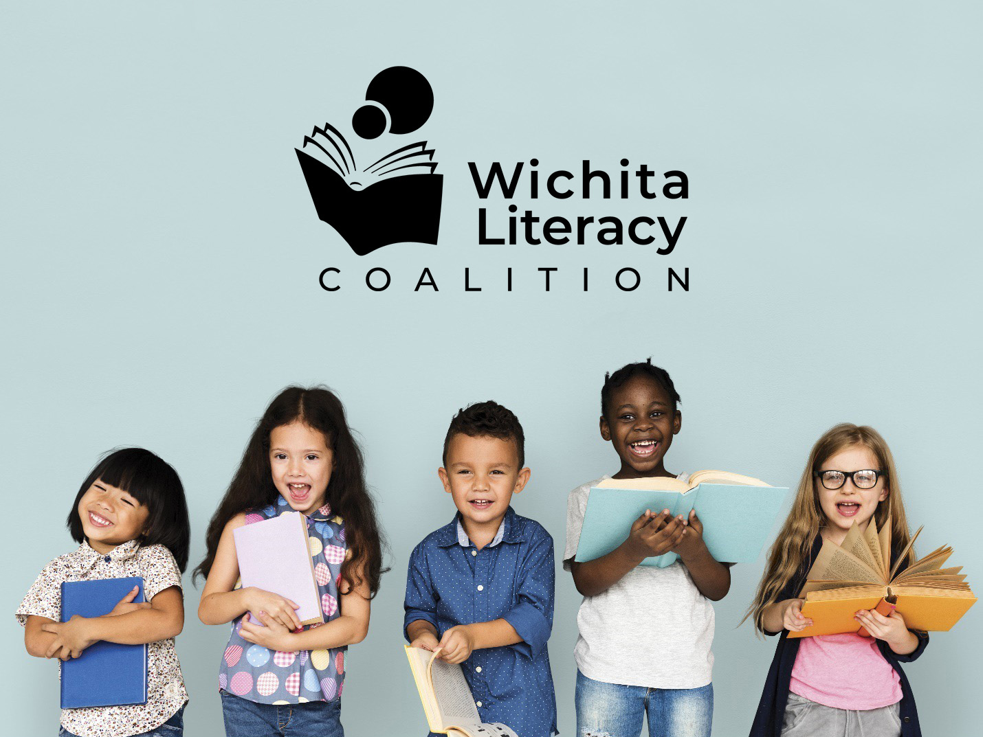 Wichita Literacy Coalition logo and diverse children holding books