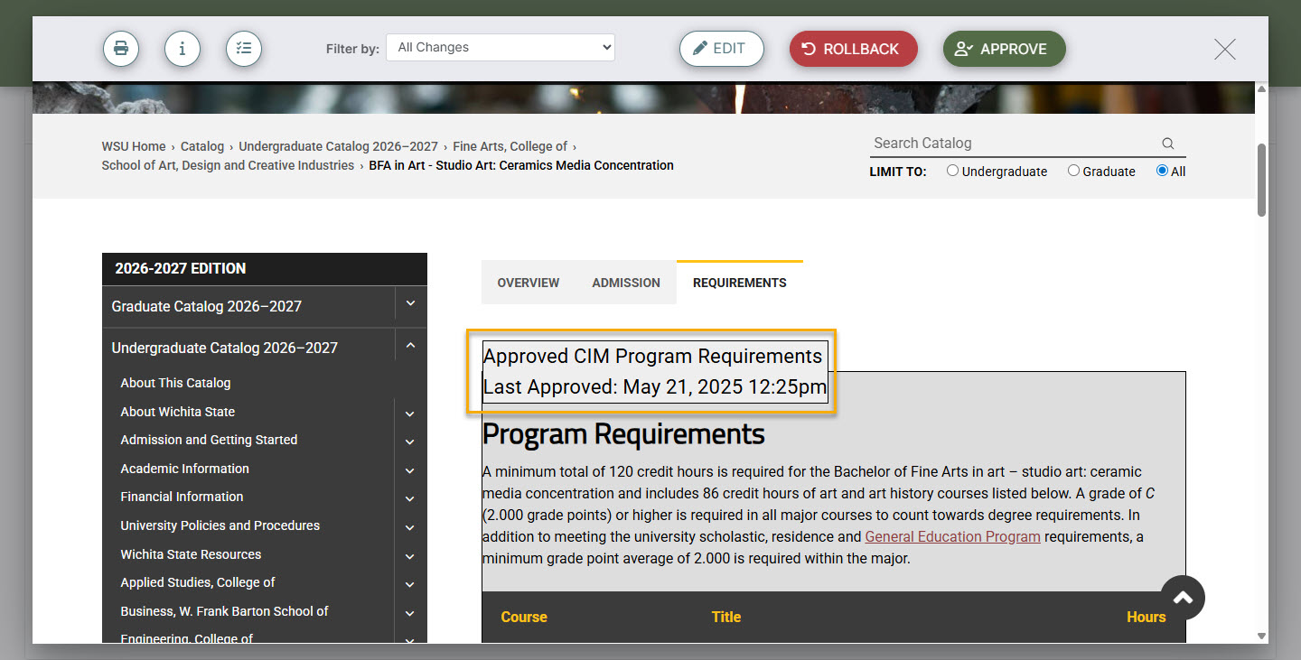 Screenshot identifying Program information on a Page