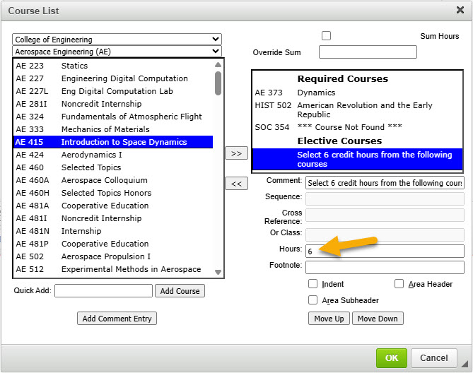 Screenshot of adding credit hours to a comment in table