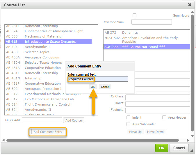 Screenshot of adding a comment to table