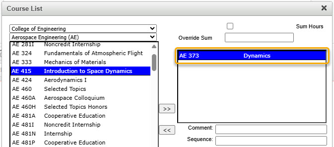 Screenshot of added course to table