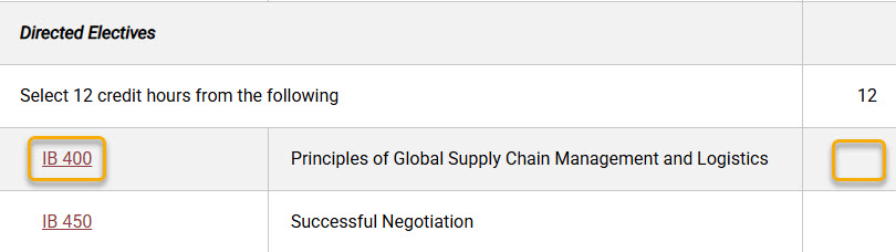Screenshot of a course indented in table with highlight of how credit hours are not showing