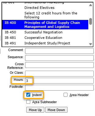 Screenshot of selecting Indent on course