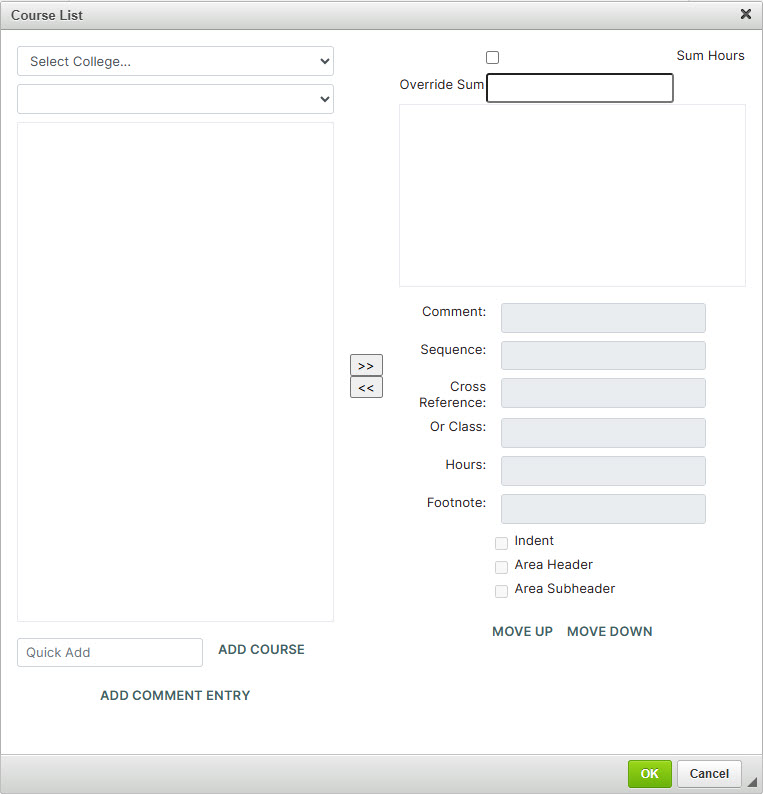 Screenshot of the Course List Editor